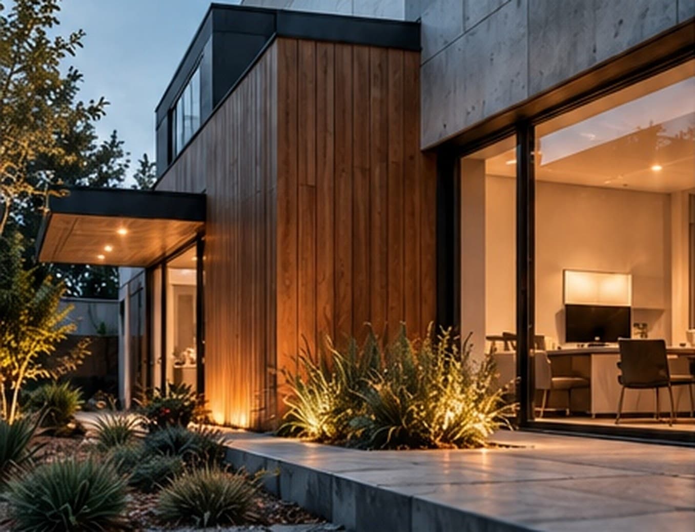 Maison moderne éclairée en soirée